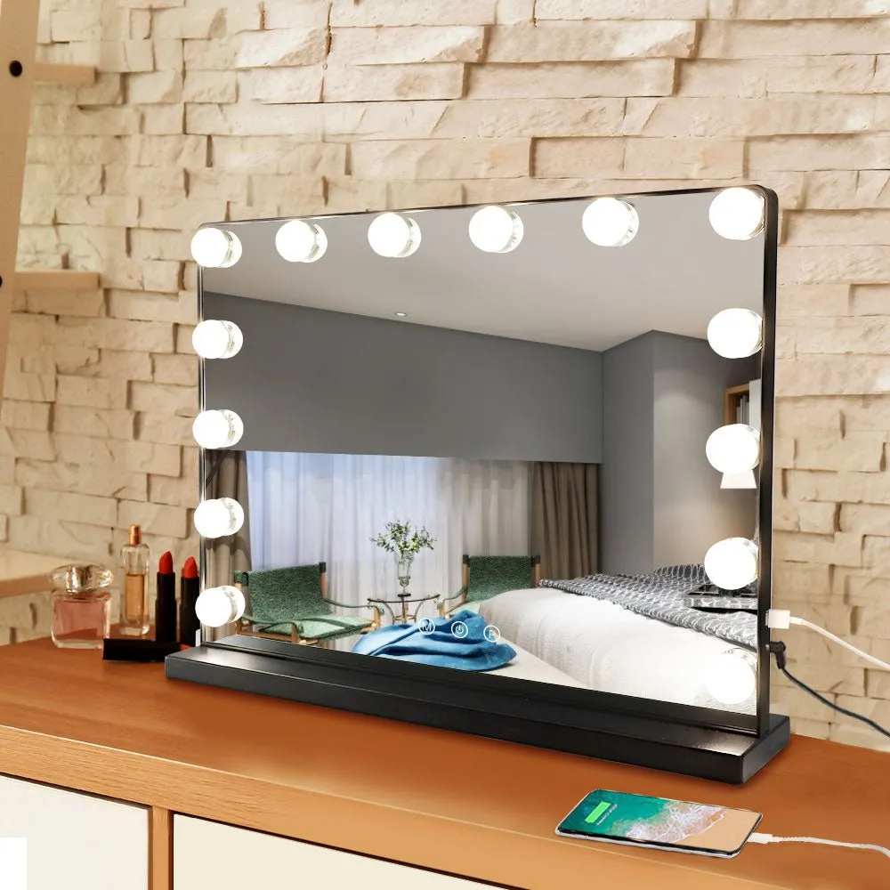 Depuley 20 x 16 In Hollywood Makeup Mirror with Lights, Lighted Vanity Mirror with 14 Dimmable LED Bulbs, 3 Colour Lighting Modes Cosmetic Mirror with USB Charging, Detachable 10X Magnifying Mirror, Plug Power 50 x 40 cm