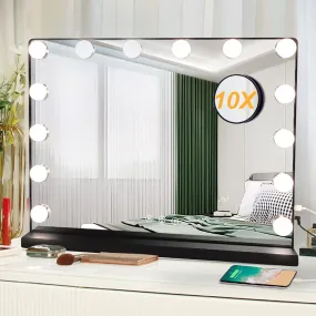 Depuley 20 x 16 In Hollywood Makeup Mirror with Lights, Lighted Vanity Mirror with 14 Dimmable LED Bulbs, 3 Colour Lighting Modes Cosmetic Mirror with USB Charging, Detachable 10X Magnifying Mirror, Plug Power 50 x 40 cm