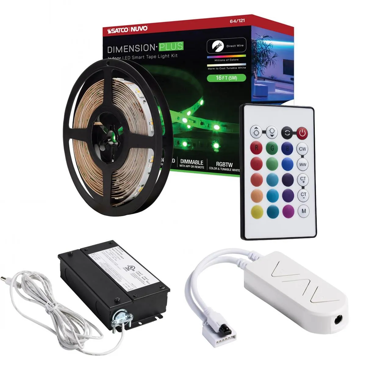 Dimension Plus LED Smart Tape Light Kit, 16ft Reel, Color Changing RGB and Tunable White, 24V, Direct Wired Connection
