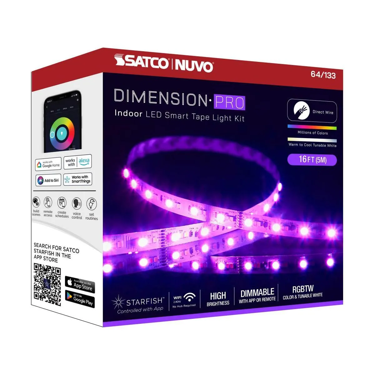 Dimension Pro LED Smart Tape Light Kit with Remote, 16ft Reel, Color Changing RGB and Tunable White, 24V, J-Box Connection