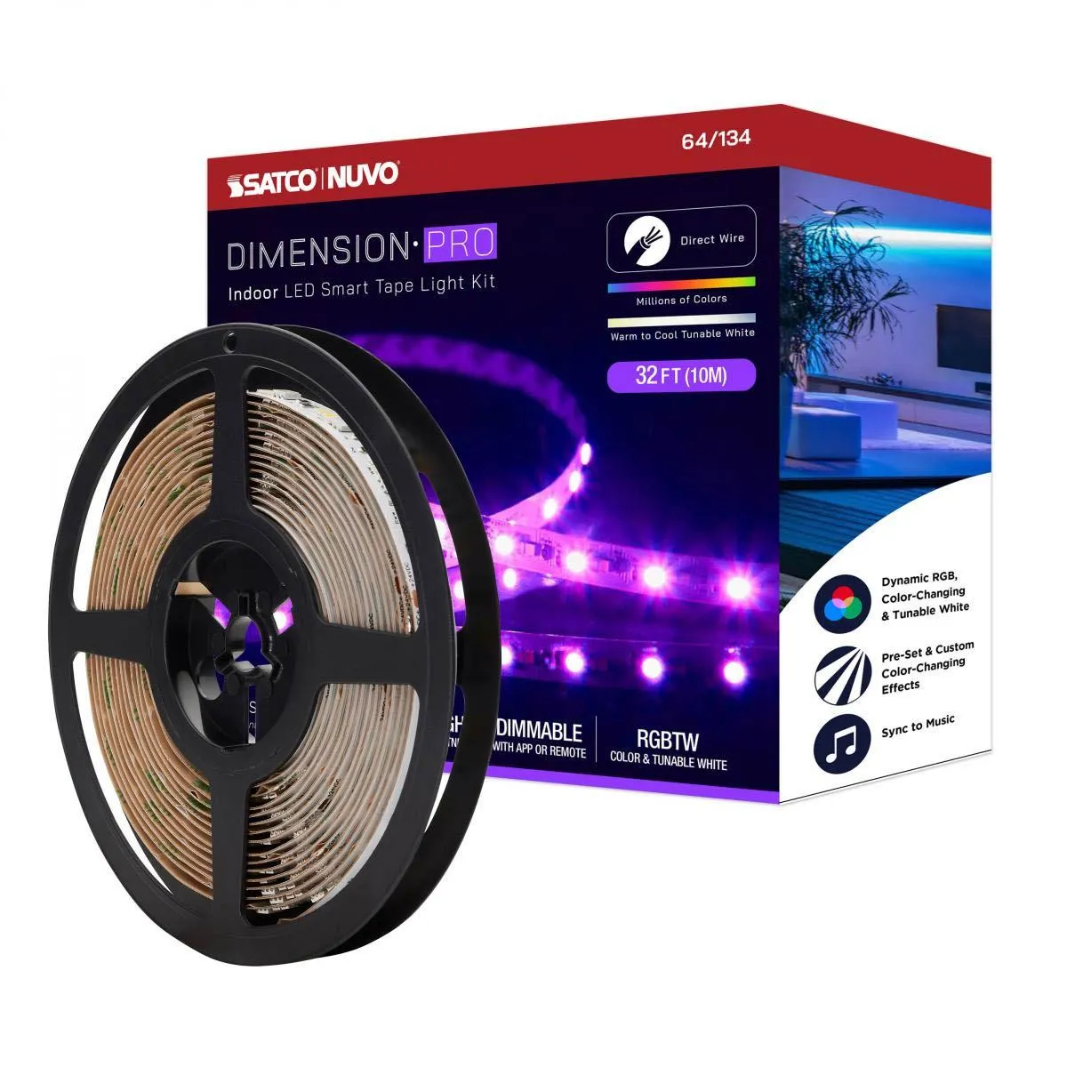 Dimension Pro LED Smart Tape Light Kit with Remote, 32ft Reel, Color Changing RGB and Tunable White, 24V, J-Box Connection