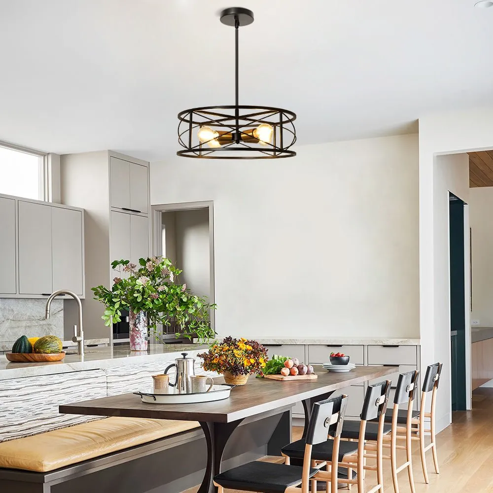 DLLT 4-Light Black Round Pendant Lighting, 18'' Industrial Metal Drum Cage Chandelier, Farmhouse Hanging Light Fixture for Dining Room, Kitchen, Living Room, Bedroom, Hallway