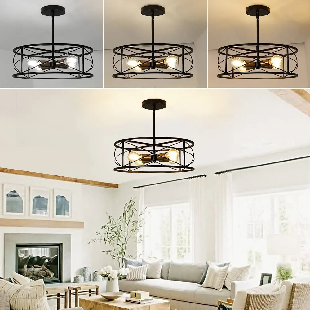 DLLT 4-Light Black Round Pendant Lighting, 18'' Industrial Metal Drum Cage Chandelier, Farmhouse Hanging Light Fixture for Dining Room, Kitchen, Living Room, Bedroom, Hallway