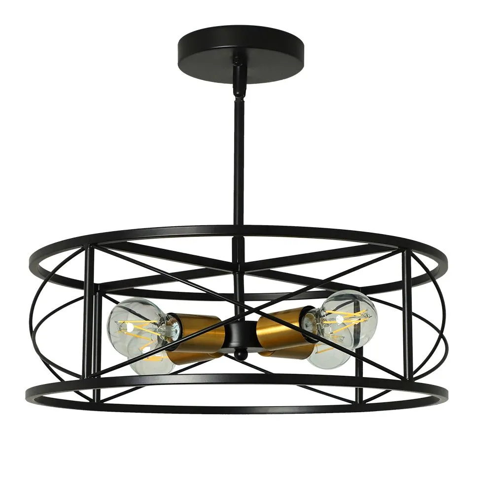 DLLT 4-Light Black Round Pendant Lighting, 18'' Industrial Metal Drum Cage Chandelier, Farmhouse Hanging Light Fixture for Dining Room, Kitchen, Living Room, Bedroom, Hallway