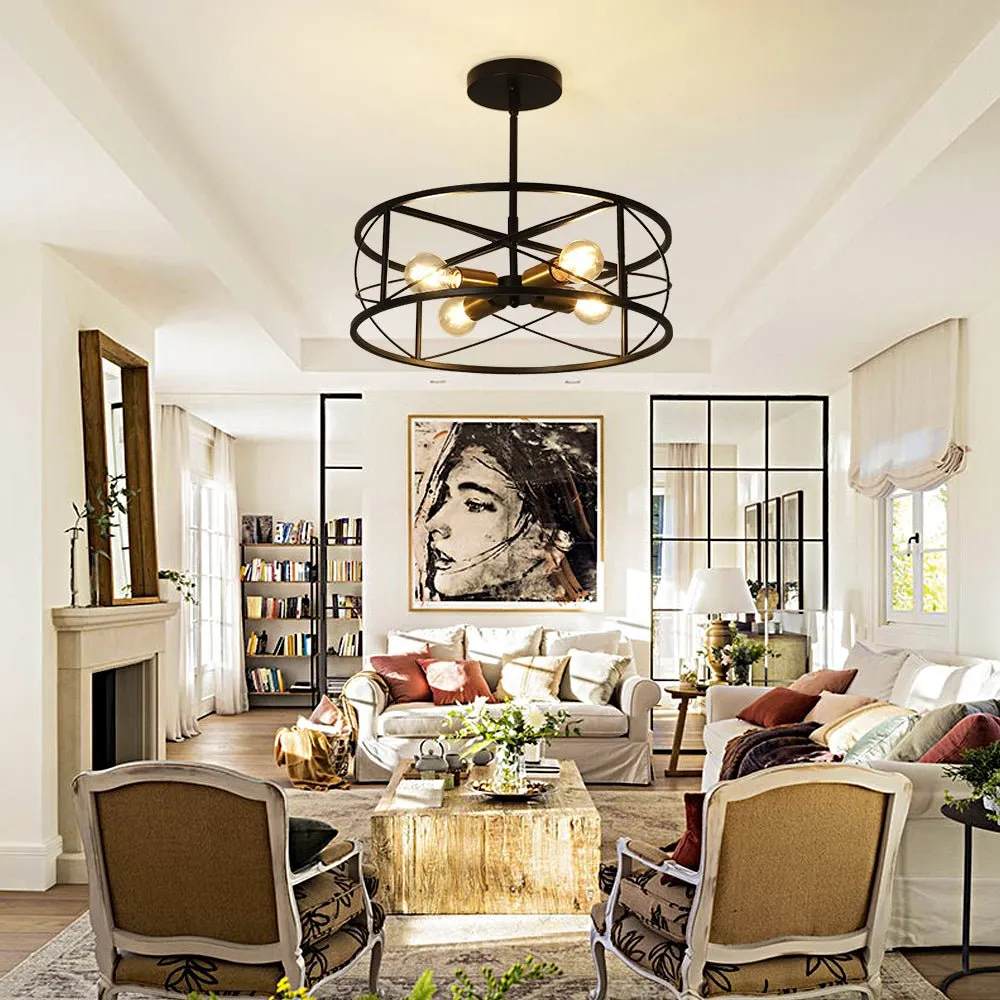 DLLT 4-Light Black Round Pendant Lighting, 18'' Industrial Metal Drum Cage Chandelier, Farmhouse Hanging Light Fixture for Dining Room, Kitchen, Living Room, Bedroom, Hallway