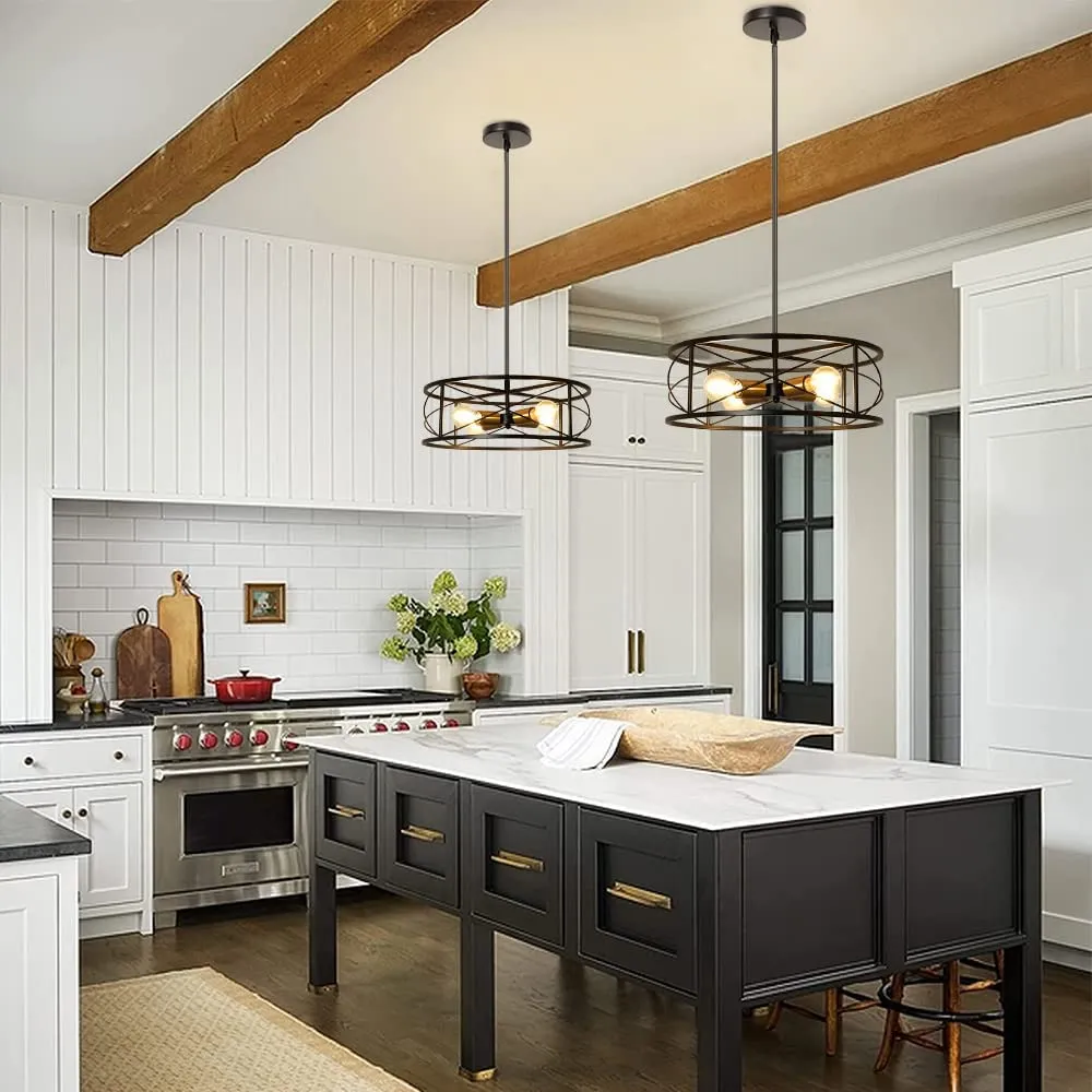 DLLT 4-Light Black Round Pendant Lighting, 18'' Industrial Metal Drum Cage Chandelier, Farmhouse Hanging Light Fixture for Dining Room, Kitchen, Living Room, Bedroom, Hallway