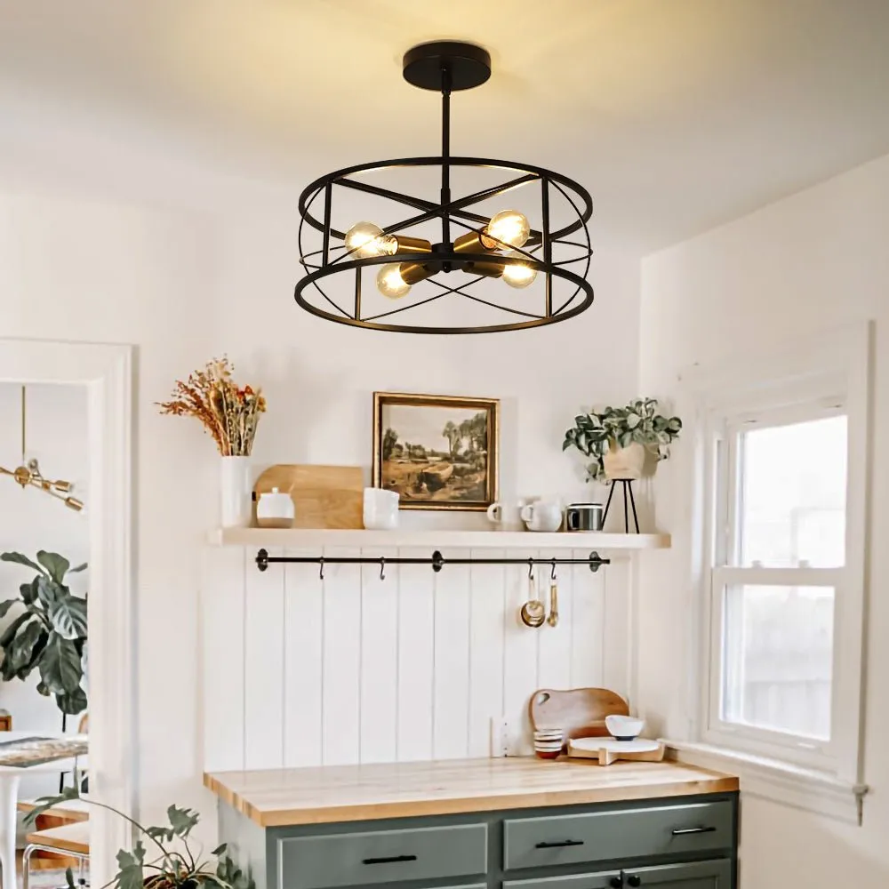 DLLT 4-Light Black Round Pendant Lighting, 18'' Industrial Metal Drum Cage Chandelier, Farmhouse Hanging Light Fixture for Dining Room, Kitchen, Living Room, Bedroom, Hallway