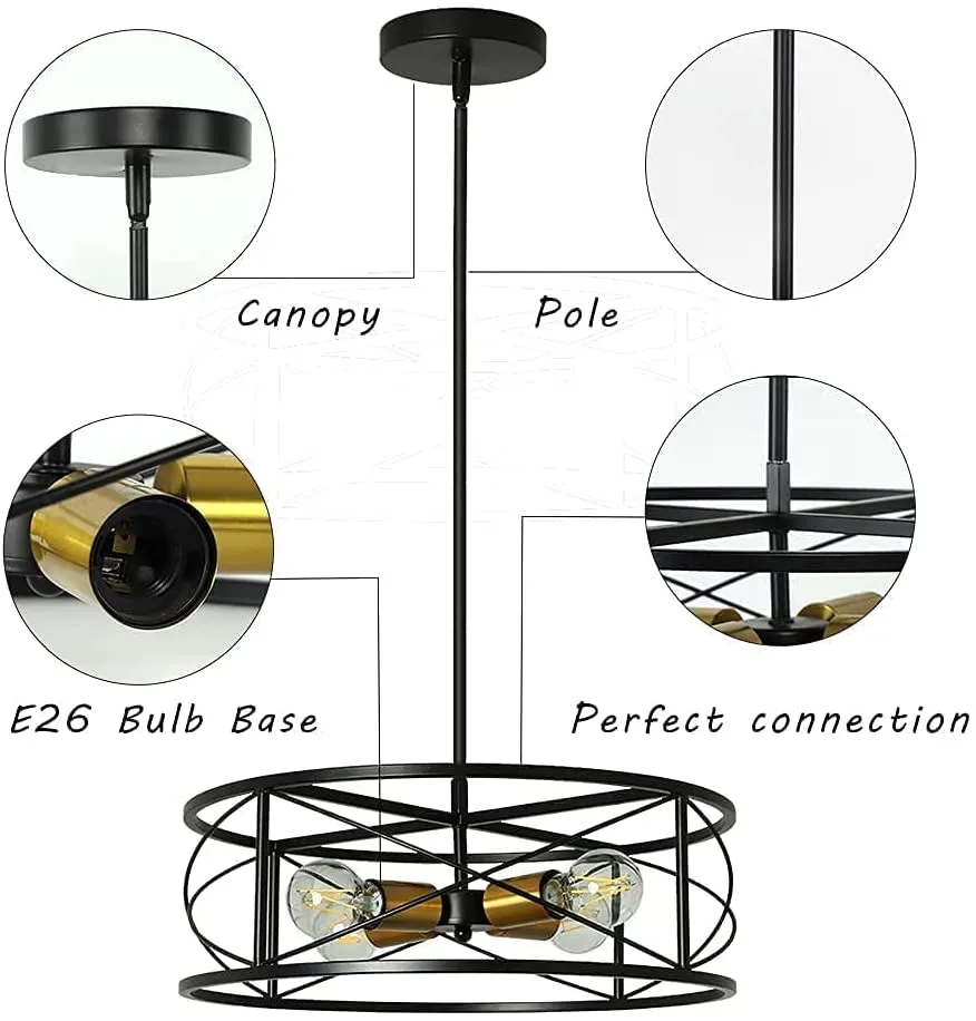 DLLT 4-Light Black Round Pendant Lighting, 18'' Industrial Metal Drum Cage Chandelier, Farmhouse Hanging Light Fixture for Dining Room, Kitchen, Living Room, Bedroom, Hallway