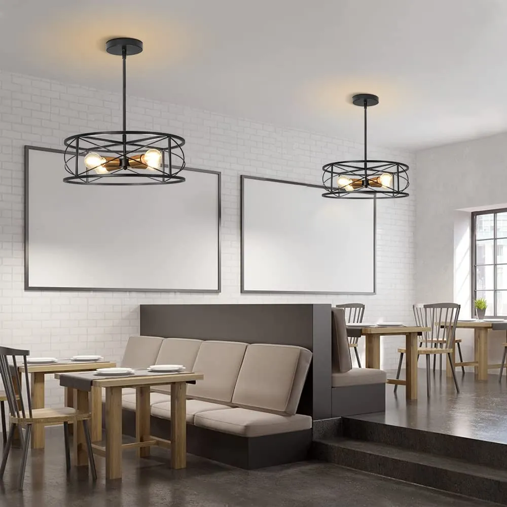 DLLT 4-Light Black Round Pendant Lighting, 18'' Industrial Metal Drum Cage Chandelier, Farmhouse Hanging Light Fixture for Dining Room, Kitchen, Living Room, Bedroom, Hallway