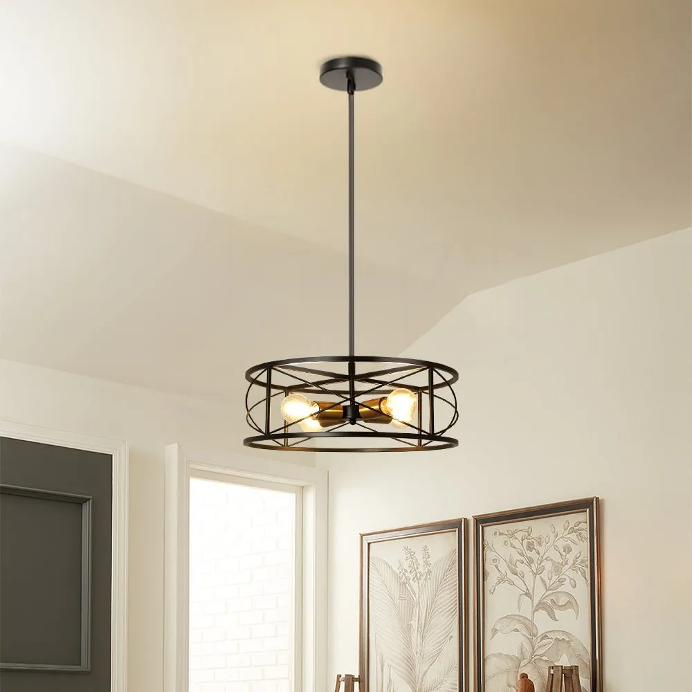 DLLT 4-Light Black Round Pendant Lighting, 18'' Industrial Metal Drum Cage Chandelier, Farmhouse Hanging Light Fixture for Dining Room, Kitchen, Living Room, Bedroom, Hallway