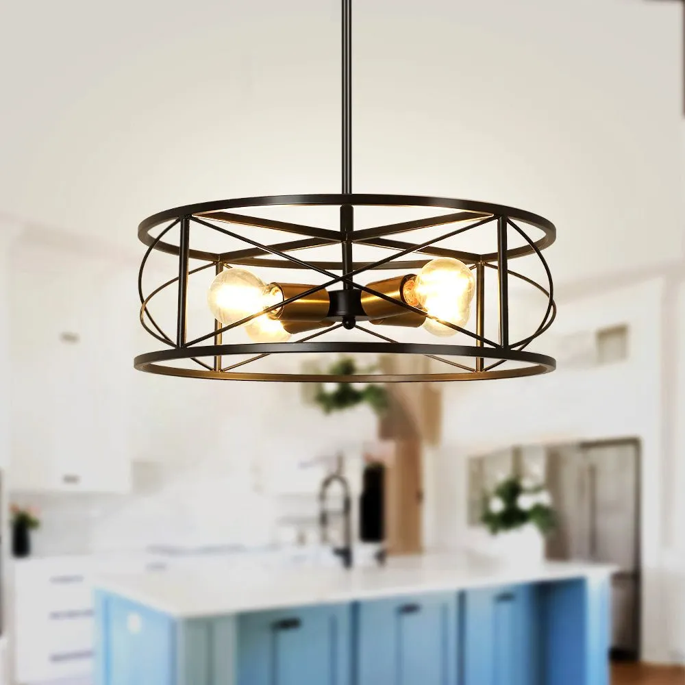 DLLT 4-Light Black Round Pendant Lighting, 18'' Industrial Metal Drum Cage Chandelier, Farmhouse Hanging Light Fixture for Dining Room, Kitchen, Living Room, Bedroom, Hallway