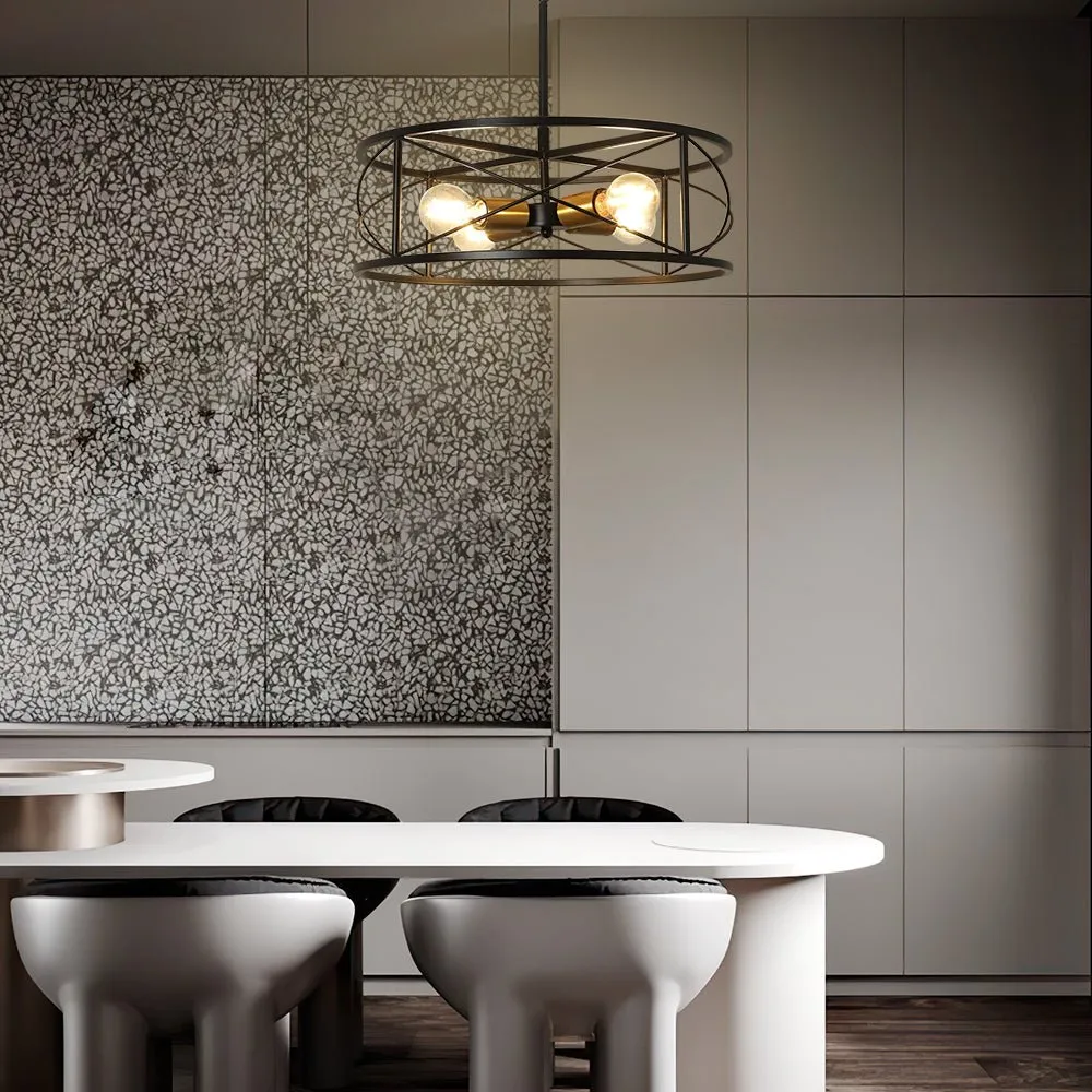 DLLT 4-Light Black Round Pendant Lighting, 18'' Industrial Metal Drum Cage Chandelier, Farmhouse Hanging Light Fixture for Dining Room, Kitchen, Living Room, Bedroom, Hallway