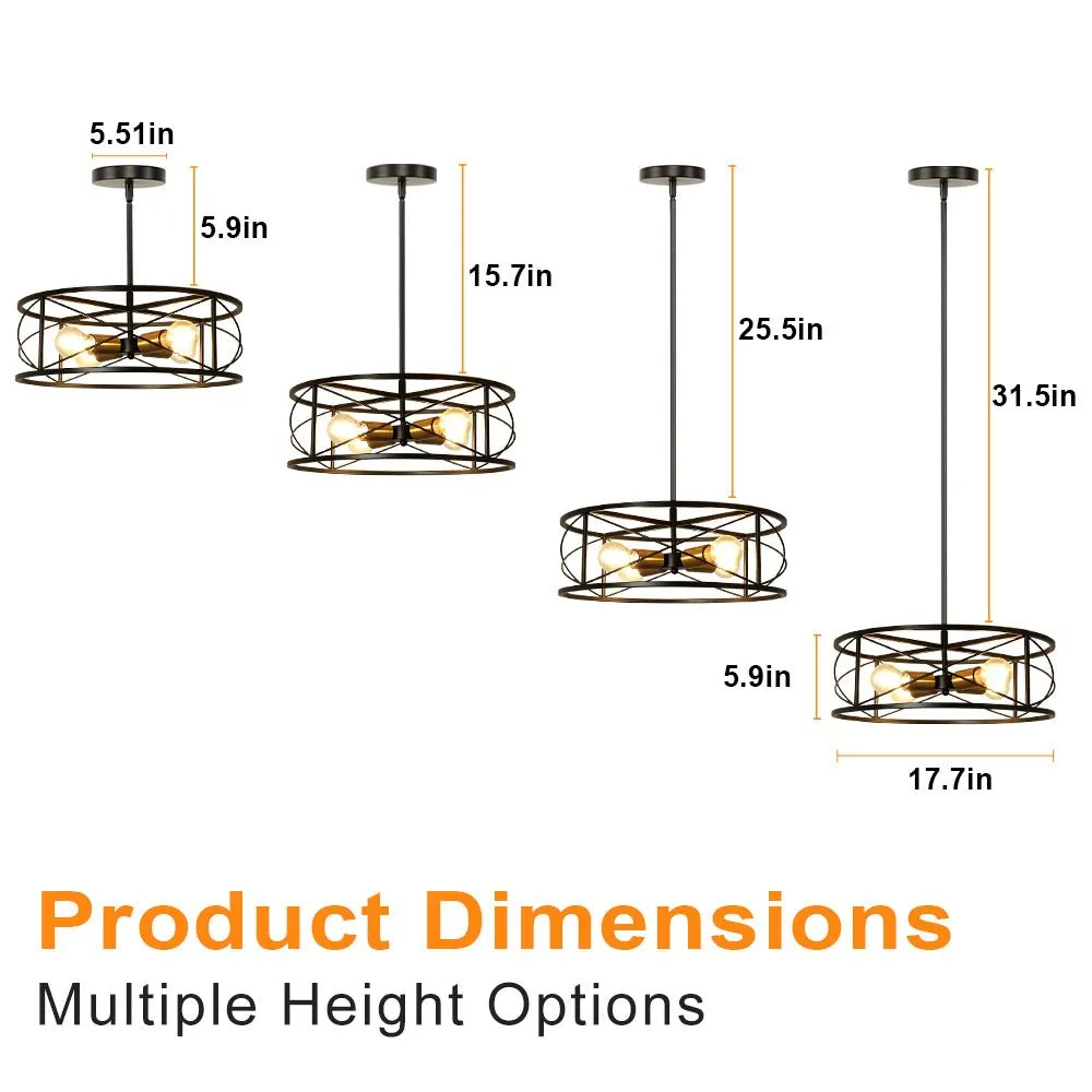 DLLT 4-Light Black Round Pendant Lighting, 18'' Industrial Metal Drum Cage Chandelier, Farmhouse Hanging Light Fixture for Dining Room, Kitchen, Living Room, Bedroom, Hallway