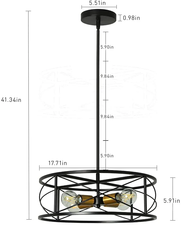 DLLT 4-Light Black Round Pendant Lighting, 18'' Industrial Metal Drum Cage Chandelier, Farmhouse Hanging Light Fixture for Dining Room, Kitchen, Living Room, Bedroom, Hallway