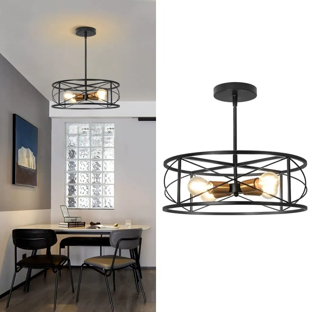 DLLT 4-Light Black Round Pendant Lighting, 18'' Industrial Metal Drum Cage Chandelier, Farmhouse Hanging Light Fixture for Dining Room, Kitchen, Living Room, Bedroom, Hallway