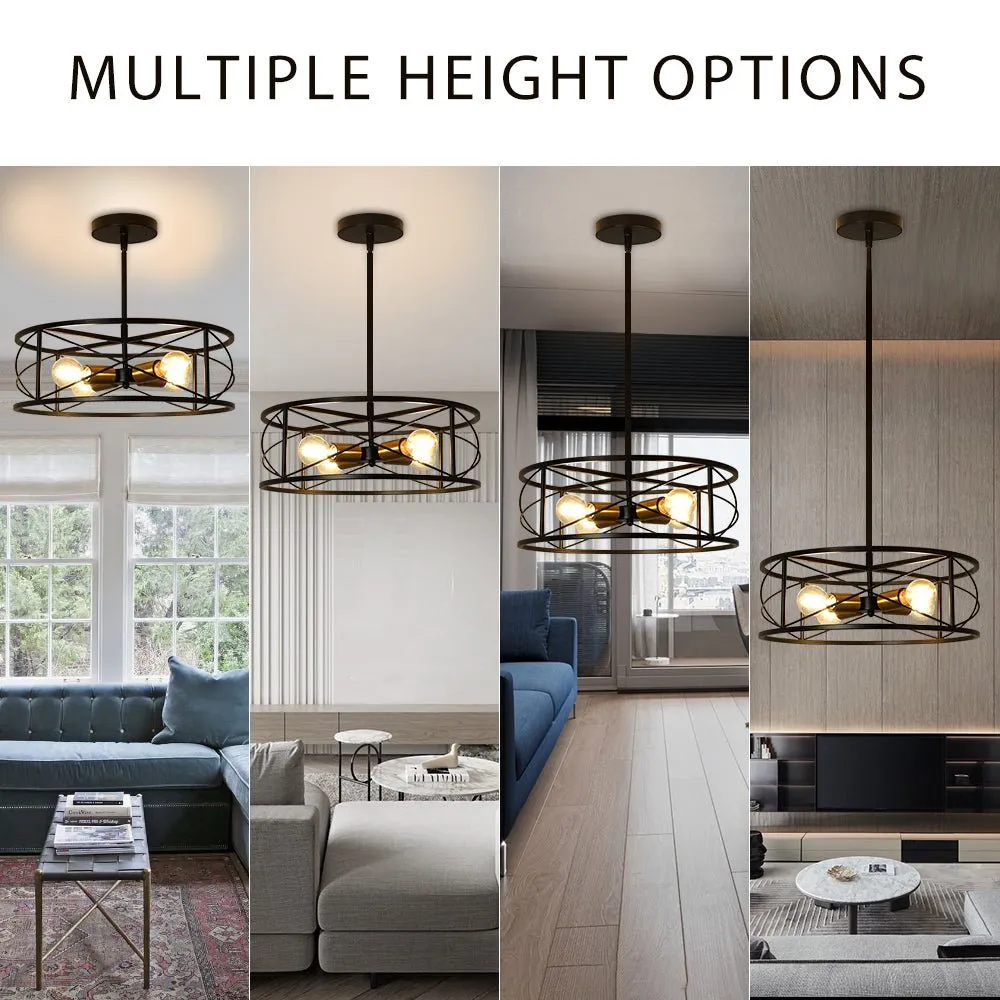 DLLT 4-Light Black Round Pendant Lighting, 18'' Industrial Metal Drum Cage Chandelier, Farmhouse Hanging Light Fixture for Dining Room, Kitchen, Living Room, Bedroom, Hallway