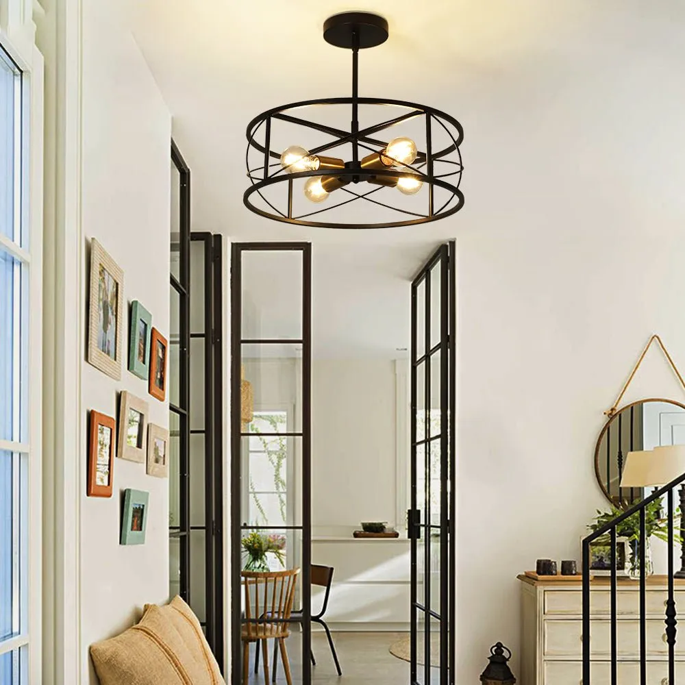 DLLT 4-Light Black Round Pendant Lighting, 18'' Industrial Metal Drum Cage Chandelier, Farmhouse Hanging Light Fixture for Dining Room, Kitchen, Living Room, Bedroom, Hallway