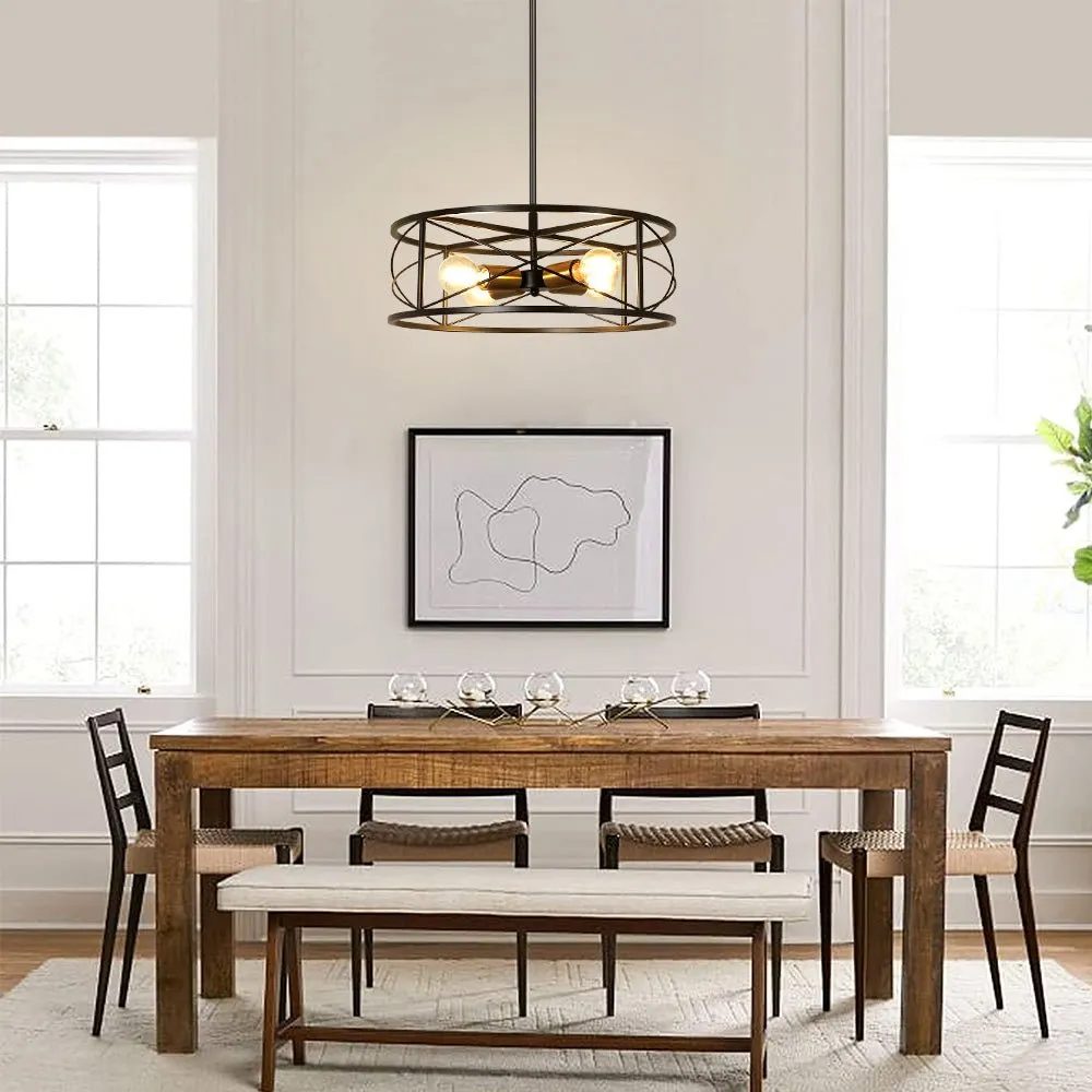 DLLT 4-Light Black Round Pendant Lighting, 18'' Industrial Metal Drum Cage Chandelier, Farmhouse Hanging Light Fixture for Dining Room, Kitchen, Living Room, Bedroom, Hallway