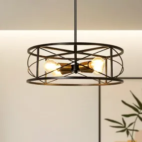 DLLT 4-Light Black Round Pendant Lighting, 18'' Industrial Metal Drum Cage Chandelier, Farmhouse Hanging Light Fixture for Dining Room, Kitchen, Living Room, Bedroom, Hallway