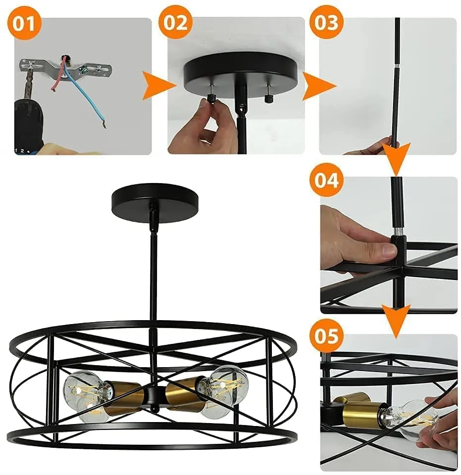 DLLT 4-Light Black Round Pendant Lighting, 18'' Industrial Metal Drum Cage Chandelier, Farmhouse Hanging Light Fixture for Dining Room, Kitchen, Living Room, Bedroom, Hallway