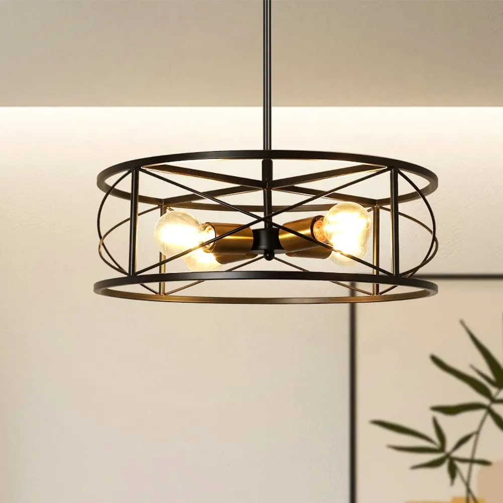DLLT 4-Light Black Round Pendant Lighting, 18'' Industrial Metal Drum Cage Chandelier, Farmhouse Hanging Light Fixture for Dining Room, Kitchen, Living Room, Bedroom, Hallway