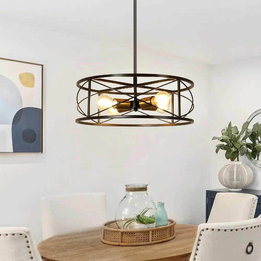 DLLT 4-Light Black Round Pendant Lighting, 18'' Industrial Metal Drum Cage Chandelier, Farmhouse Hanging Light Fixture for Dining Room, Kitchen, Living Room, Bedroom, Hallway