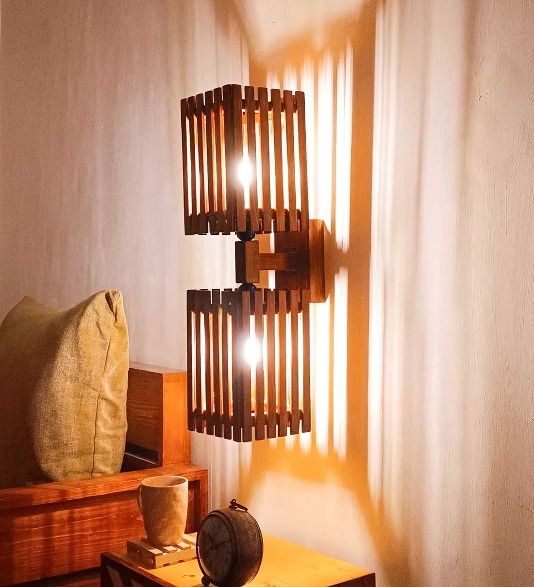Elegant Duo Brown Wooden Wall Light