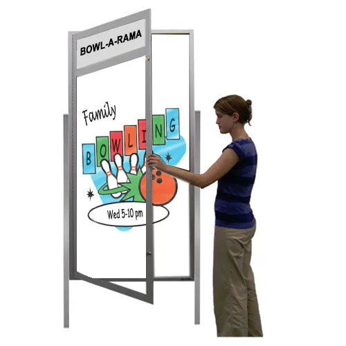 Extra Large Outdoor Dry Erase Marker Board SwingCases with Posts Message Header & LED Lights  | Magnetic Porcelain Steel Gloss White Board