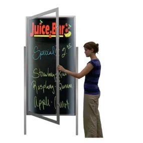 Extra Large Outdoor Dry Erase Marker Board with Posts and LED SwingCases | Black Magnetic Porcelain Steel