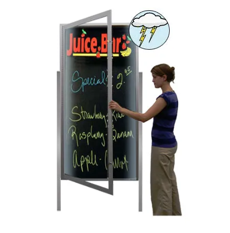 Extra Large Outdoor Dry Erase Marker Board with Posts and LED SwingCases | Black Magnetic Porcelain Steel