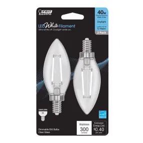 Feit White Filament B10 E12 (Candelabra) Filament LED Bulb Daylight 40 Watt Equivalence 2 pk
