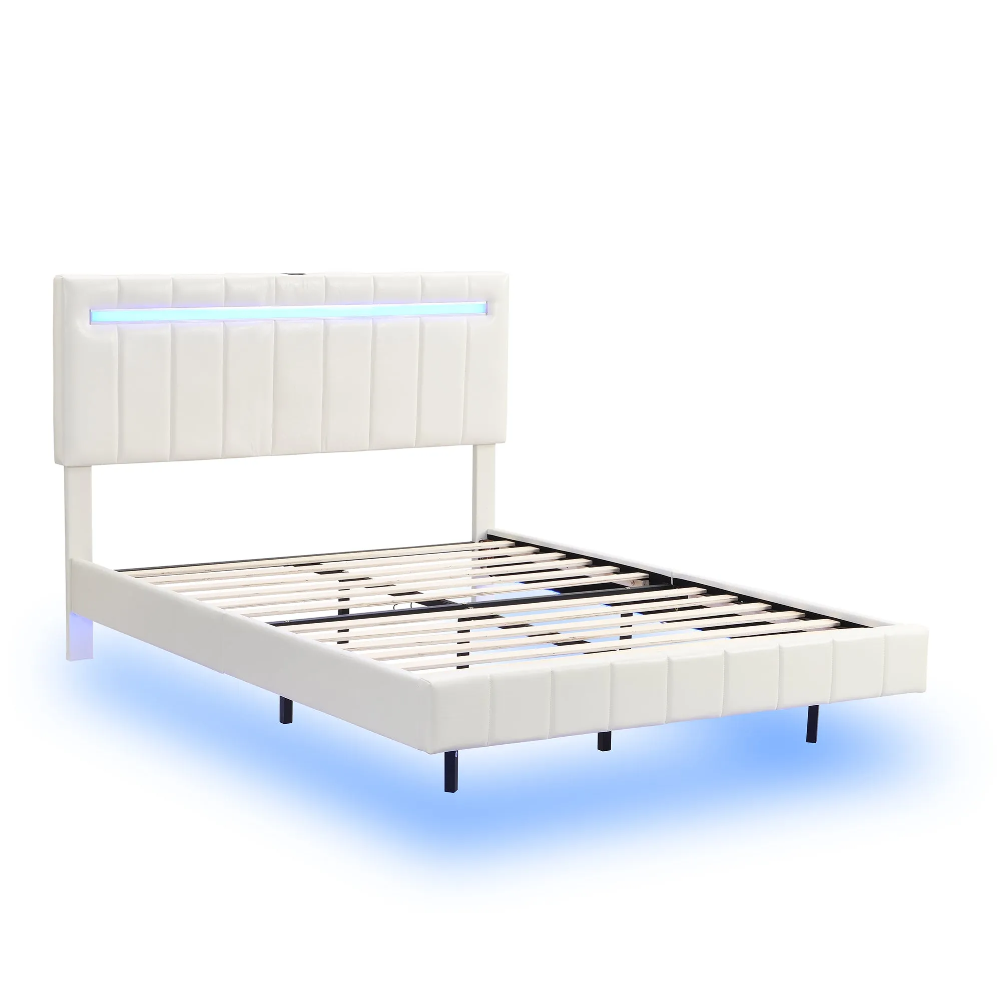 Full Size Floating Bed Frame with LED Lights and USB Charging,Modern Upholstered Platform LED Bed Frame,White(Full)