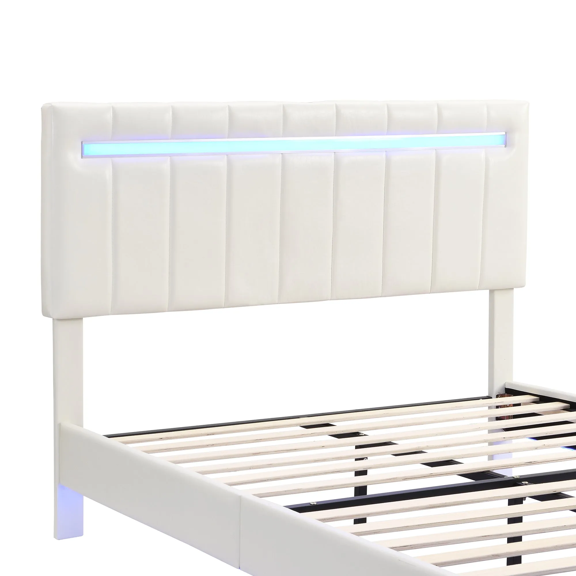 Full Size Floating Bed Frame with LED Lights and USB Charging,Modern Upholstered Platform LED Bed Frame,White(Full)