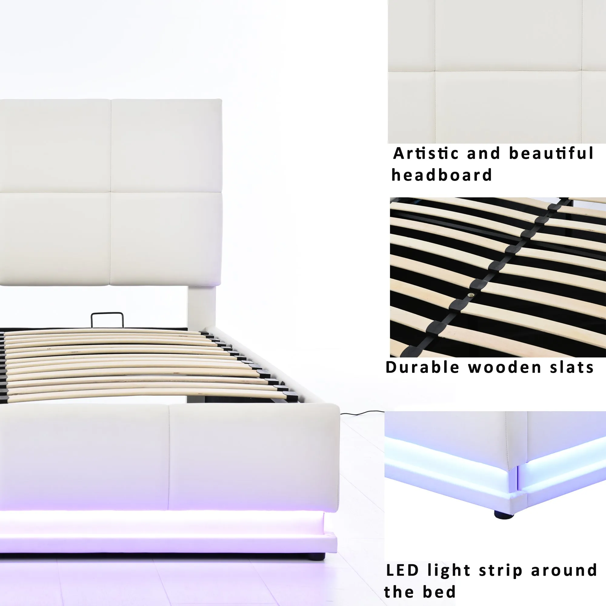 Full Size Tufted Upholstered Platform Bed with Hydraulic Storage System,PU Storage Bed with LED Lights and USB charger, White