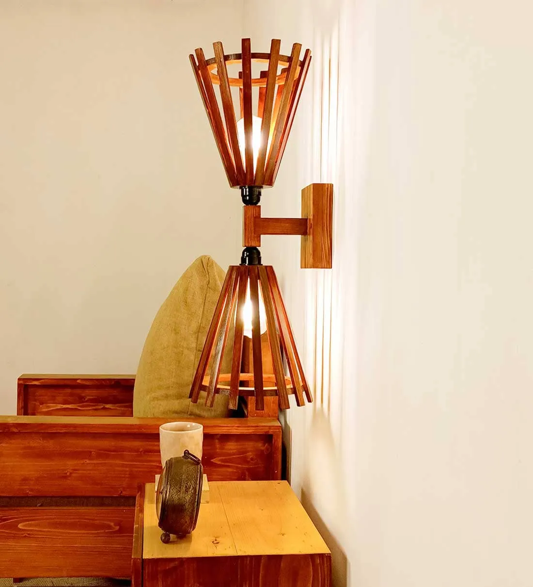 Funnel Duo Brown Wooden Wall Light