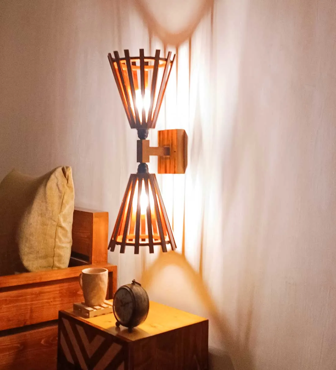 Funnel Duo Brown Wooden Wall Light