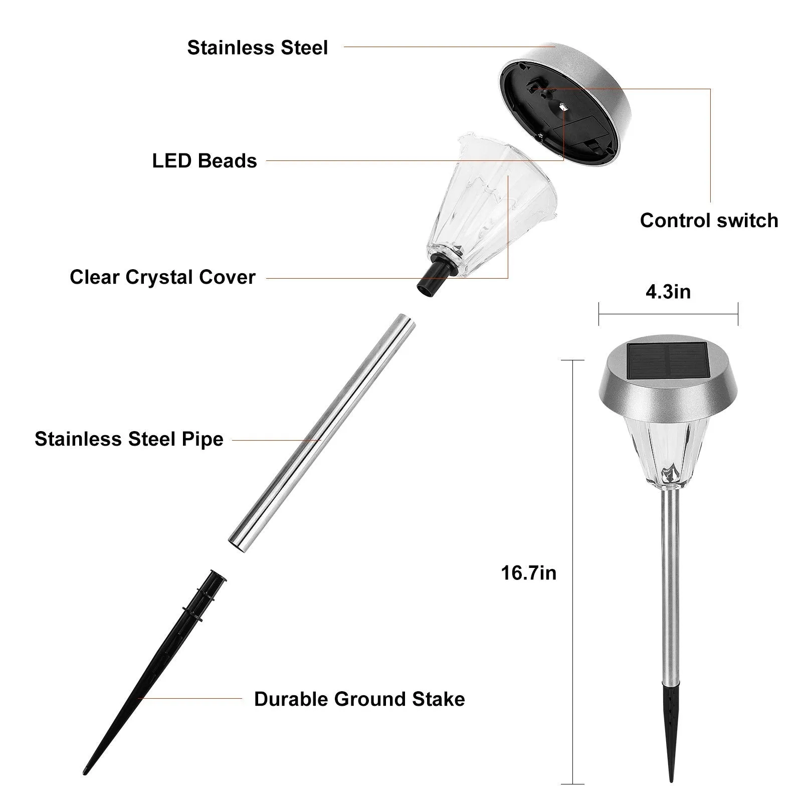 Garden Solar Lights Stainless Steel Pathway Lighting for Outdoor Walkway Patio Yard and Lawn Decoration