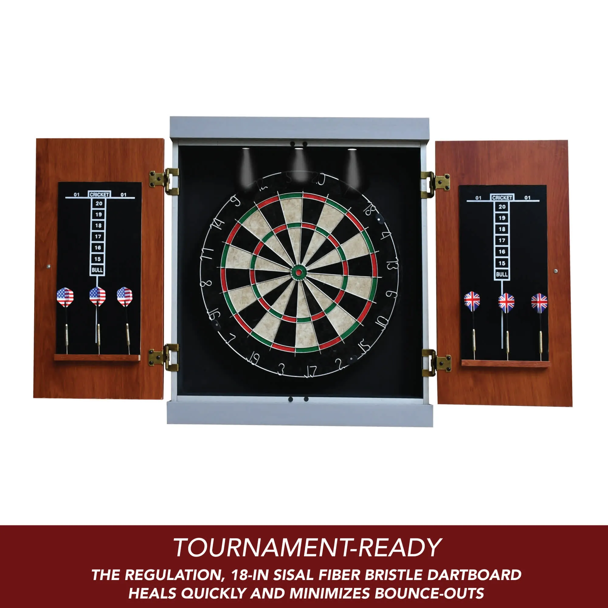 Geneva Bristle Dartboard and Cabinet Set with LED Lighting - Walnut Finish