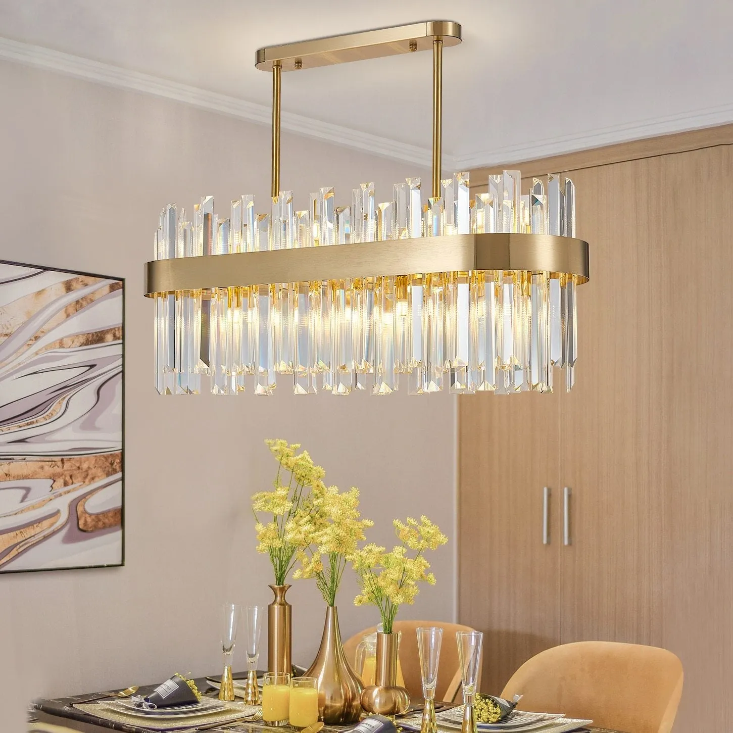 Gold and Crystal Oval Semi Flush Mount