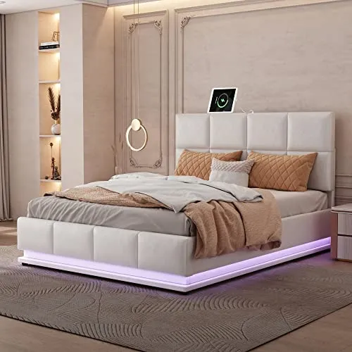 Harper & Bright Designs Lift Up Storage Bed Queen Size Upholstered Bed with a Hydraulic Storage System, Queen Size Platform Bed with LED Lights and USB Charger, No Box Spring Needed (PU, White)