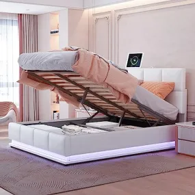 Harper & Bright Designs Lift Up Storage Bed Queen Size Upholstered Bed with a Hydraulic Storage System, Queen Size Platform Bed with LED Lights and USB Charger, No Box Spring Needed (PU, White)