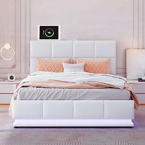 Harper & Bright Designs Lift Up Storage Bed Queen Size Upholstered Bed with a Hydraulic Storage System, Queen Size Platform Bed with LED Lights and USB Charger, No Box Spring Needed (PU, White)