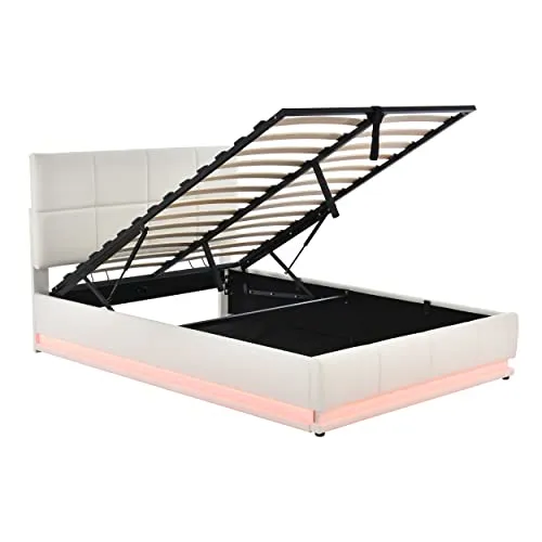 Harper & Bright Designs Lift Up Storage Bed Queen Size Upholstered Bed with a Hydraulic Storage System, Queen Size Platform Bed with LED Lights and USB Charger, No Box Spring Needed (PU, White)