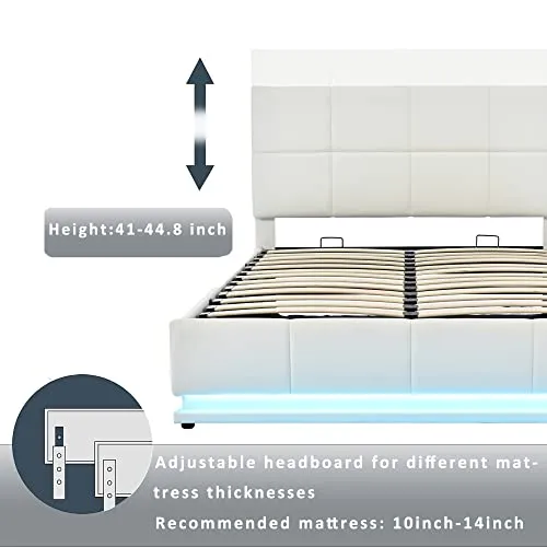 Harper & Bright Designs Lift Up Storage Bed Queen Size Upholstered Bed with a Hydraulic Storage System, Queen Size Platform Bed with LED Lights and USB Charger, No Box Spring Needed (PU, White)