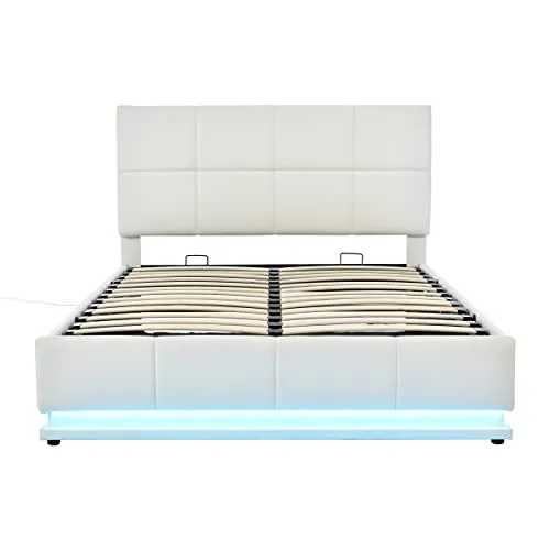 Harper & Bright Designs Lift Up Storage Bed Queen Size Upholstered Bed with a Hydraulic Storage System, Queen Size Platform Bed with LED Lights and USB Charger, No Box Spring Needed (PU, White)