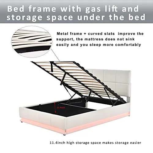 Harper & Bright Designs Lift Up Storage Bed Queen Size Upholstered Bed with a Hydraulic Storage System, Queen Size Platform Bed with LED Lights and USB Charger, No Box Spring Needed (PU, White)