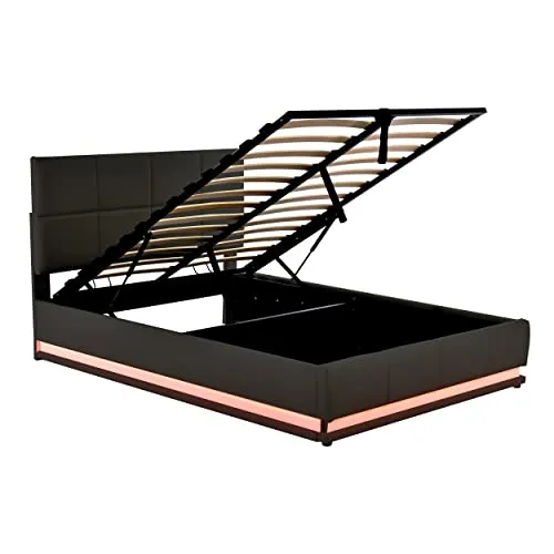 Harper & Bright Designs Lift Up Storage Bed Queen Size Upholstered Bed with a Hydraulic Storage System, Queen Size Storage Bed with LED Lights and USB Charger, No Box Spring Needed (PU, Black)