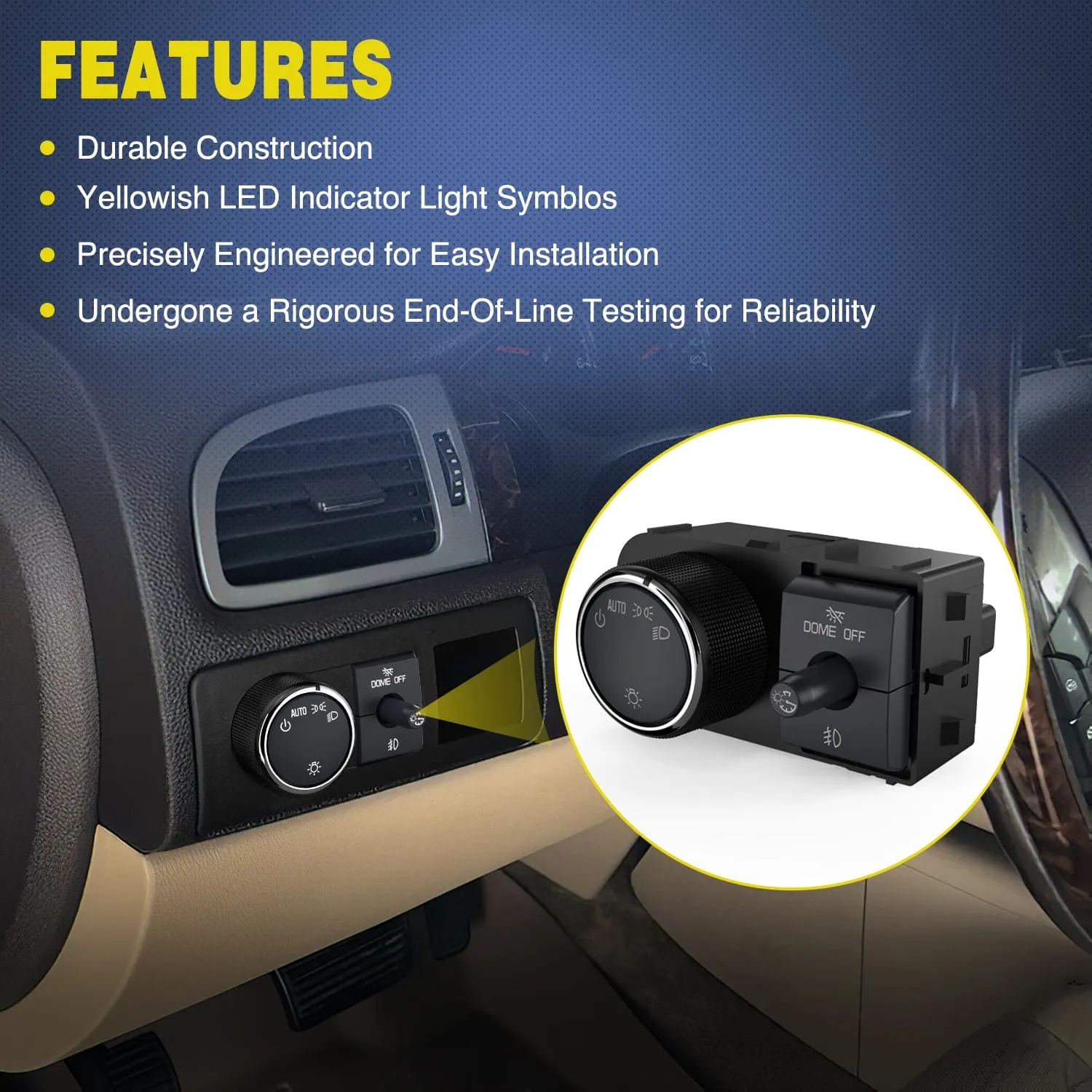Headlight Dimmer Switch with Greenish LED Light Compatible with 2007 2008 2009 2010 2011 2013 Chevy Silverado 1500 2500HD 3500HD Tahoe 2007-2014GMC Sierra 2500HD 3500HD Yukon