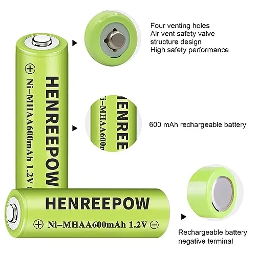 Henreepow Ni-MH AA Rechargeable Batteries, Double A High Capacity 1.2V Pre-Charged for Garden Landscaping Outdoor Solar Lights, String Lights, Pathway Lights (AA-600mAh-12pack)