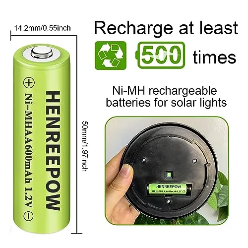 Henreepow Ni-MH AA Rechargeable Batteries, Double A High Capacity 1.2V Pre-Charged for Garden Landscaping Outdoor Solar Lights, String Lights, Pathway Lights (AA-600mAh-12pack)